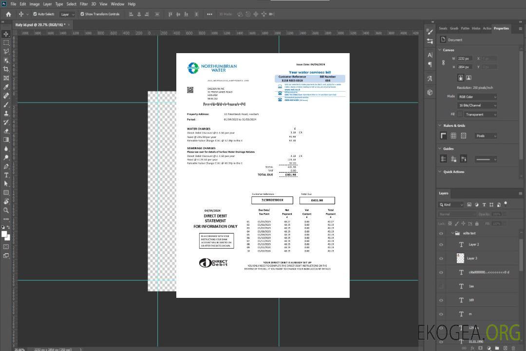 Modèle de facture de services publics de Northumbrian Water pour le Royaume-Uni aux formats Word et PDF, version 2 template